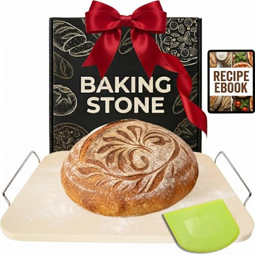 Pizzastein für Backofen und Grill - Rechteckige Pizzasteine mit Griffen und Teigschneider - 38,1 cm x 30,5 cm Grillsteine - Backstein für Brot - Großer Ofenstein
