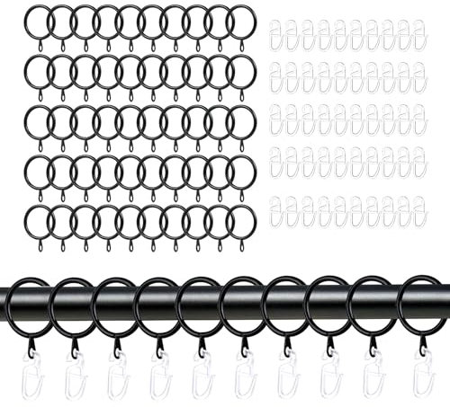 Hisdricus 50 Anelli Metallici per Tende e 50 Ganci in Plastica per Tende – Anelli per Tende da 30 mm – Anelli per Tende con Ganci per Tende, Baldacchini e Tende da Doccia – Nero/Trasparente