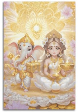 ZZBYMX Buddhistisches Poster, goldweiß, niedlich, majestätisch, wohlwollend, Ganesha, attraktiv, dekoratives Gemälde, Leinwand, Wandposter für Schlafzimmer, künstlerische Bilder, Drucke, moderne