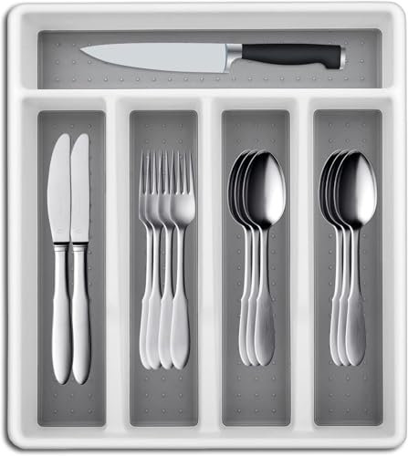 Ruikcoll Cutlery Tray, Cutlery Organizer, 5 Compartments, for Kitchen, Home, Office, Utensil Tray for Spoons, Forks, White