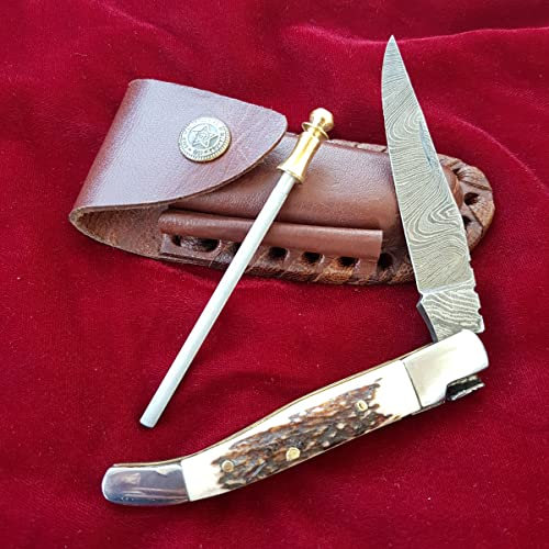 Craftomatik Damast Stahl Taschenmesser | Klappmesser Laguiole | Hirschhorn, Edelstahl, Messing Stiften Griff | Handgefertigt Outdoor Damastmesser Camping Messer | FK03