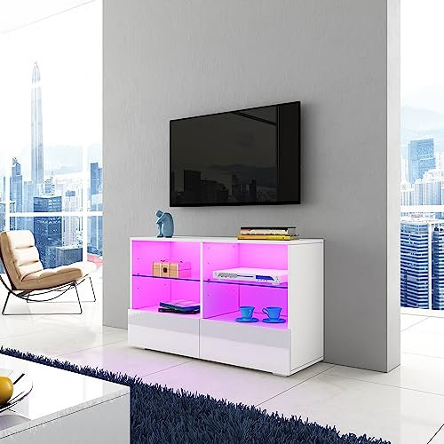 Corner TV Stand Cabinet White Gloss Modern TV Stand Unit 100CM with LED Lights, 4 Open Shelves and 2 Drawers TV Entertainment Cabinet for Bedroom Living Room Home Furniture