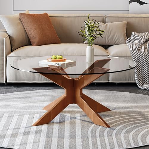 Table basse ronde en verre trempé, base bois ondulé, moderne pour salon, petit, tout simplement belle (transparente, 70 cm)