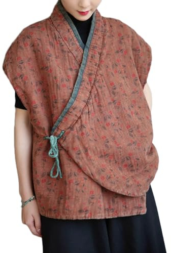 NFYM Gilet da donna tradizionale trapuntato floreale avvolgente cravatta frontale leggero cotone imbottito Outwear, Fiore Giallo Brunastro, taglia unica
