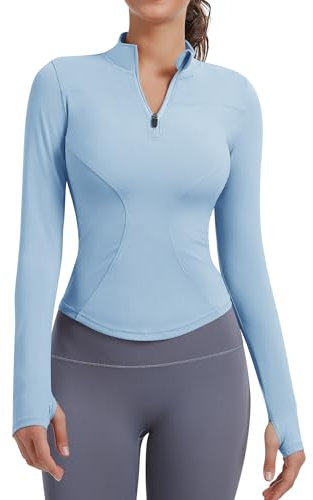 JoyGirl Women Running Jackets Zip Up Athletic Yoga Gym Tops Long Sleeve Sports T-Shirt Cropped Workout Crop Tops with Thumb Holes(Light Blue, S)
