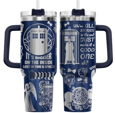 34HD Time Travel Police Box Tumbler with Handle – 40 oz Stainless Steel Sci-Fi Mug with Iconic Quotes – Space Adventure Gift for Geeks, Fans, and Nerds – Birthday Gifts for TV Lovers