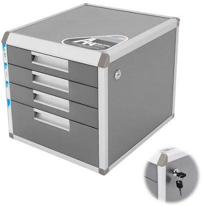 Armoire de classement à 4 tiroirs verrouillables en alliage d'aluminium - Boîte à documents pour format A4 - 31,5 x 35 x 29,8 cm - 1 grand + 3 petits compartiments, étagères en MDF et 2 clés - Gris