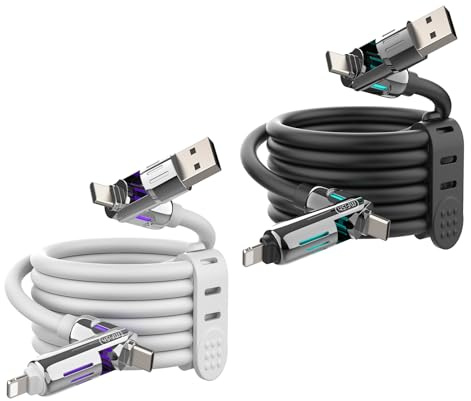 MFish Cable de carga USB universal 4 en 1 de 240 W [2 unidades, 6.6 pies] – Cable de carga rápida para iPhone 16/15/14/13, tabletas, portátiles, teléfonos Android y más (paquete de 2, negro + blanco