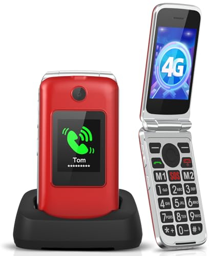 Tosaju 4G Seniorenhandy ohne Vertrag Klapphandy 1200 mAh Akku Lange Standby Mobiltelefon Großtasten Handy für Senioren mit Ladestation SOS Notruftaste Dual-SIM 2,8 und 1,77 Zoll Farbdisplay Rot