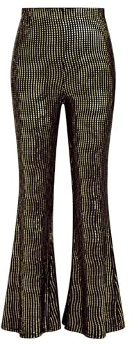Odizli Pailletten Hose Damen Metallic Glitzer Glitzerhose Pailettenhose Elegant High Waist Lang Schlaghose Disco Silvester Party Festival Outfit Gold S