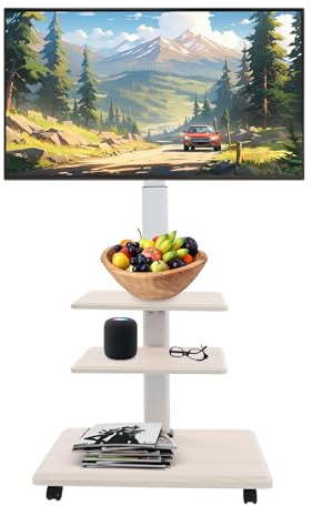 Esyogen Universal Mobile TV Stand for 32-70 inch TV Floor Stand with 3-tier Shelves Rollable TV Stand 60° Angle Adjustable, Holds 45kg, 120-128cm Adjustable Height (White)