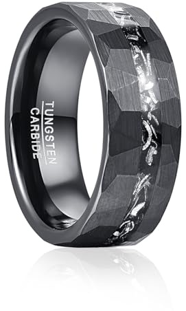 Vakki 8mm Herren Schwarz Wolfram Ring mit Gehämmerter, Strukturierter Einlage aus Meteorit für Hochzeit, Jahrestag, Geburtstag, Größe 54.4(17.3)-67.2(21.4)