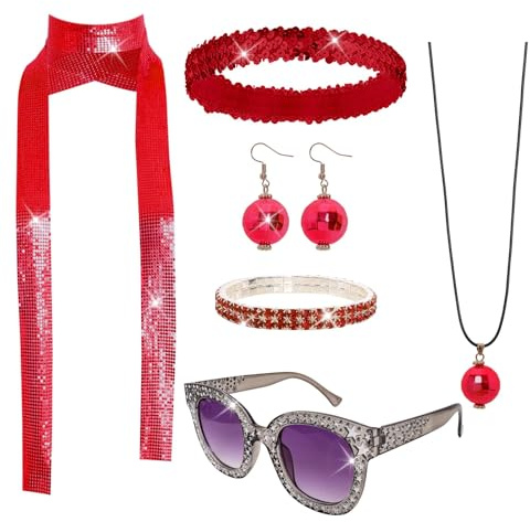 XIABYAYU Disco Accessoires, 6 Stück 70er Jahre Disco Zubehör, Glitzer Haarbänder, Discokugel Ohrringe, Sonnenbrille, Discos Outfit Damen 70er Glitzer Accessoires für Mottoparty, Karneval Party