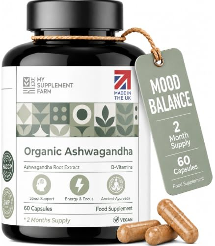 Organic Ashwagandha Capsules High Strength 5% Withanolides Vegan 60 Caps | Organic ashwagandha root, 5% withanolides, with vitamins B1 B2 B6 B12. Vegan, non-GMO, made in the UK. 60 caps, 2 months.