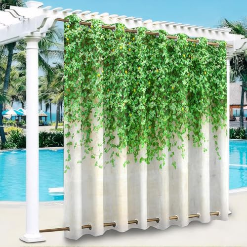 Hiseng Outdoor Vorhänge mit Ösen Oben und Unten, wasserdichte Wetterfest Outdoorvorhänge 1 Stück 3D Blatt Muster Verdunkelungsvorhang Sichtschutz Vorhang (Ranke A,132x304cm)