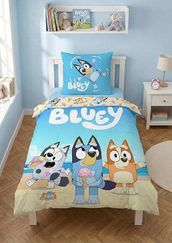 Bluey Bettwäsche Strandtag 135x200+80x80 – 100% Baumwolle | Wendebettwäsche | Bingo & Muffin | 135x200+80x80 cm | Mädchen | Offiziell lizenziert | Einzelbett