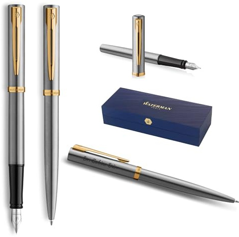 Waterman Impression Ballpoint Pen & Fountain Pen Set with Engraving - Personalised Premium Fountain Pen - Elegant Writing Set for Men & Women - Blue Ink (Stainless Steel GT)