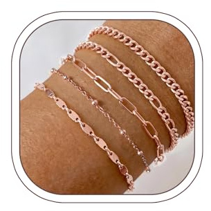 Sweetkiki 5 Pcs gold bracelet for women, 14K Plated Gold Bracelets Set Waterproof Adjustable Rose Gold Bracelet Cuban Link Paperclip Chain Paperclip Chain Bracelets Fashion Jewellery for Women Men