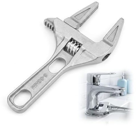 Adjustable Spanner Wrench 6-68mm Wide Jaw Plumbing Wrench Aluminium Alloy Short Handle Large Opening Pipe Wrench Multi Function Basin Tap Installation Tool for Bathroom Kitchen Home Repair Use(Silver)