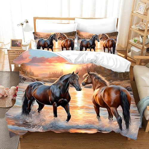 Pferde bettwäsche, 3D Pferde Bettwäsche-Sets mit Reißverschluss, Super Weiche Angenehme Mikrofaser Bettwäsche, 3teilig Bettbezug 135 x 200 cm + 2 Kissenbezug 80 x 80 (Pferd-6, 135x200cm+80*80*2)
