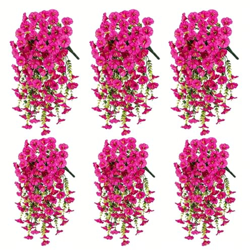 6 Pack UV Resistant Faux Silk Hanging Flowers - Vibrant Petunias & Morning Glory Vines for Outdoor Decor, Window Boxes, Porches, Planters (Rose Red)