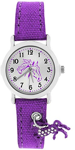Crystal Blue Armbanduhr Mädchen Uhr Motiv Pferd analog Quarz Textilarmband mit funkelndem Anhänger (violett) 20016