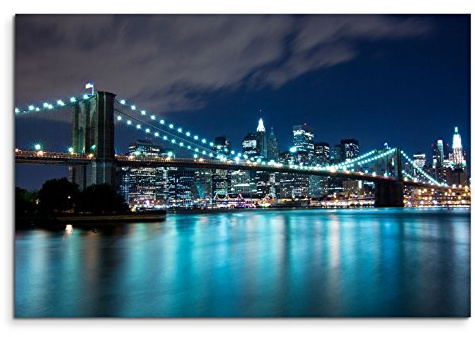Paul Sinus Art Leinwandbild 120x80cm Urbane Fotografie – Brooklyn Bridge bei Blauer Nacht in New York USA