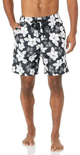 Amazon Essentials Herren 23cm Badehose mit Netzfutter, Taschen und Kordelzugverschluss, Schwarz Hibiskusblume, XL