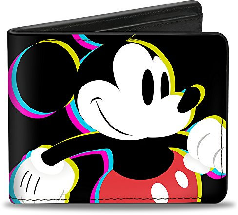 Buckle-Down Herren Disney Geldbörse, Bifold, CMYK Mickey Mouse Walking Pose Pixel Text Black Multi Neon, veganes Leder, Mehrfarbig, Standardgröße, Mehrfarbig, Standard größe