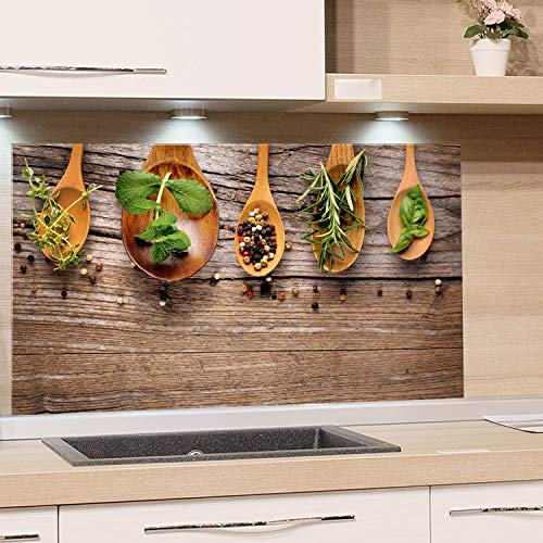 GRAZDesign Spritzschutz Küche Glas Nischenrückwand Küche Holzoptik, Glasplatte Küche Gewürze, Küchenmotiv, Küchenrückwand Glas Kräuter / 60x40cm