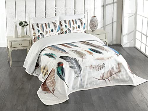 ABAKUHAUS Gefieder Tagesdecke Set, Vogel Körperfedern Set, Set mit Kissenbezügen Klare Farben, für Doppelbetten 220 x 220 cm, Weiß Smaragdgrün