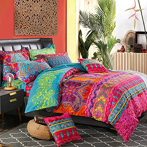 AShanlan 4teilig Indisch Bettwäsche 135x200 mit Kissenbezug 80x80 Bohemian Boho Stil Bettbezüge Vintage Exotic Wendebettwäsche Premium Qualität Mikrofaser Böhmisch Bettbezug mit Reißverschluss