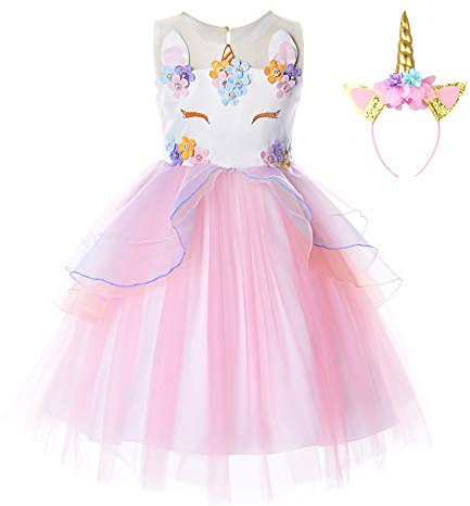 JerrisApparel Ragazza Unicorno Ruffles Fiori Abito Principessa Festa Vestito (3-4 anni, Rosa)