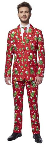 Suitmeister Herren Weihnachtsanzug - Weihnachtsbaum & Sterne Outfit - Tailliert Party Kostüme - Rot