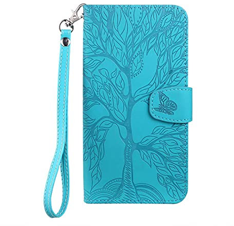 Annuo Wallet Case for Samsung A10/M10(6.2) Leather Case Shockproof Magnetic Kickstand Slim Butterfly Flip Phone Case for Samsung Galaxy A10/M10(6.2) Wallet Case with Card Holder Strap Blue