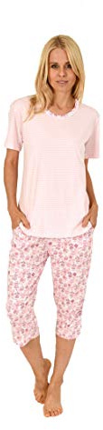 Eleganter Damen Capri Pyjama Schlafanzug Kurzarm mit Spitzenbesatz - auch in Übergrössen, Farbe:hellblau, Größe:56-58