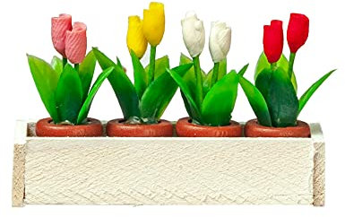 Dolls House White Window Box with 4 Pots of Tulips Miniature Garden Accessory