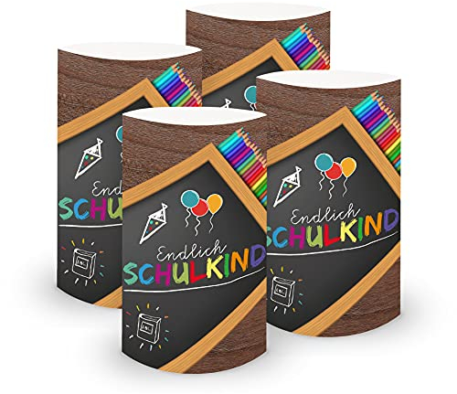 itenga 6X Windlicht Tischlicht aus Folie Schulanfang Endlich Schuldkind I 10,0 x 21,0 cm I ideal als Tischdeko I geeignet für Teelichter oder LED-Kerzen