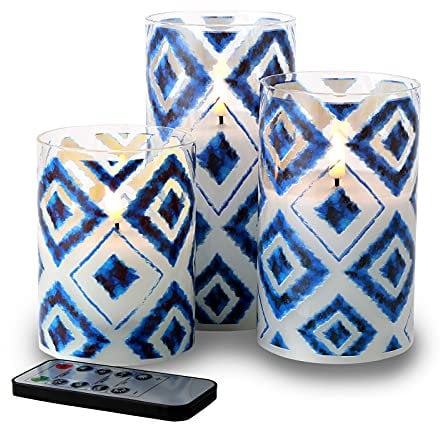 Eywamage Blue Glass Flameless Candles with Remote Flickering LED Battery Pillar Candles Home Decor Gift D 3 H 4 5 6