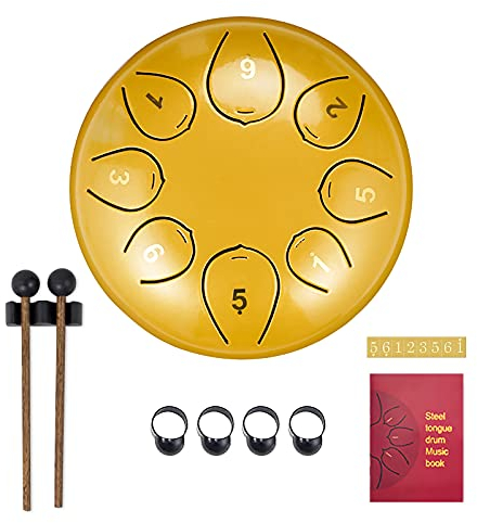 SONARIN Zungentrommel Steel Tongue Drum 8 Noten 6 Zoll,StahlZungentrommel Percussion Instrument Handpan Drum mit Reisetasche,2 Drumsticks,Musikbuch,4 Fingerabdeckung,für Meditation Yoga(Gold)