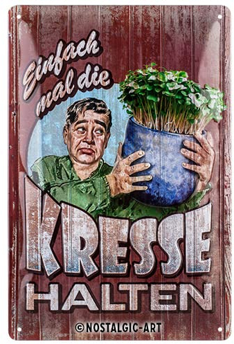 Nostalgic-Art Retro Blechschild, 20 x 30 cm, Kresse halten – Geschenk-Idee für Garten-Freunde, aus Metall, Vintage Design mit Spruch, Blechschilder Sprüche