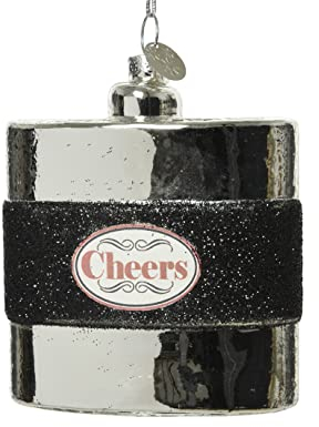 Kaemingk Christbaumschmuck Glas 9cm Flachmann Weihnachtskugeln Schnapsflasche Silber schwarz