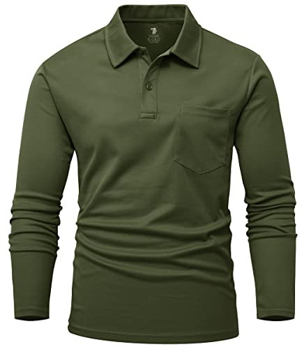 Rdruko Polo Shirt Long Sleeve Men Breathable Golf Top Smart Casual Wicking Quick Dry Polyester Work T Shirts with Pocket Army Green XXL