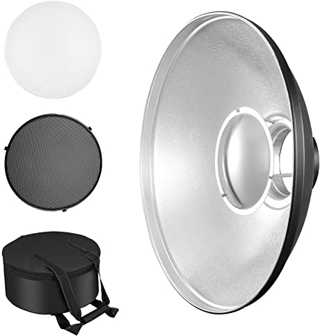 Soonpho Beauty Dish 55 cm/22 Zoll Standard Reflektor mit Schwarz Wabengitter,Silber Diffusor und Aufbewahrungstasche,Fotostudio Strobe Blitzlicht Reflektor für Bowens Mount Studioblitz