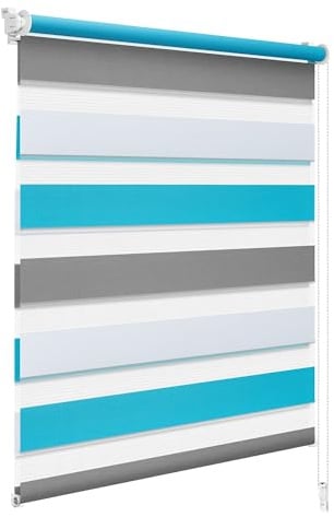 WOLTU Doppelrollo Klemmfix ohne Bohren 80x130 cm, Weiß+Grau+Türkis | Duo Rollos für innen Fenster & Tür, Zebrarollo Lichtdurchlässig Fensterrollo Seitenzugrollo Verdunkelnd, Stoffbreite 77 cm