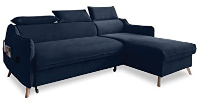 MIUFORM Sweet Harmony mit Bettkasten | 4 Sitzer Sofa | L-Form rechts | 228 x 162 x 82cm | Klappsofa mit Schlaffunktion und mit Kopfstütze | Easy Clean Stoff Samt (Navy blau)