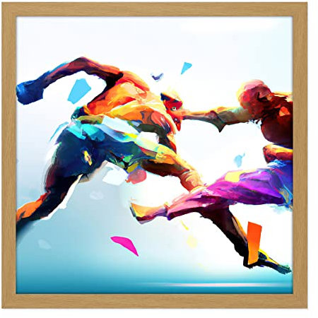 Artery8 Cage Fighting Kickboxing Martial Arts Action Painting Square Wooden Framed Wall Art Print Picture 16X16 Inch