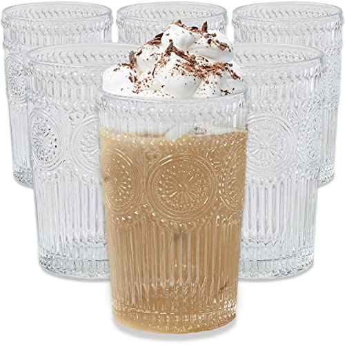 Kate Aspen Juego de 6 vasos de vidrio acanalado con textura vintage a rayas transparentes (13 onzas) con diseño de flores, juego de cóctel, tazas de vidrio, taza de café helado