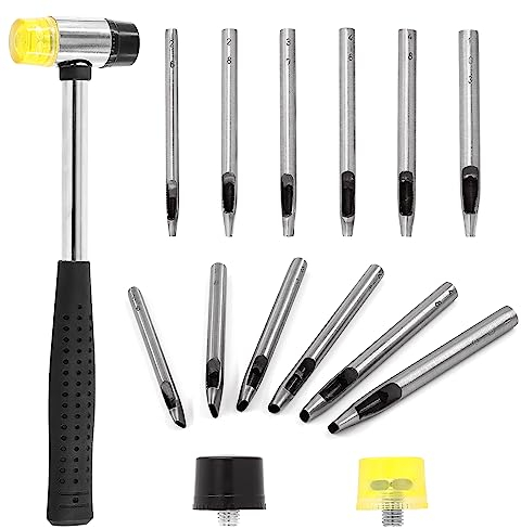 Swpeet 9Pcs 6 Size Leather Hollow Punch Set, 2-10mm Leather Oval Hole Punch and Double-Faced Soft Hammer Mallet, Hollow Punching and Rubber Hammer with 2 Pcs Replacement Head for Leather Crafting