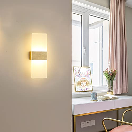 Applique Murale LED Moderne Intérieur, Applique Murale Acrylique Givré 10W, Pour Eclairage Escaliers Salon Chambre Couloir, Lumière Chaude 3000K, Or